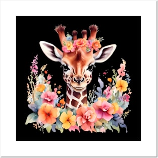 A giraffe decorated with beautiful watercolor flowers Posters and Art